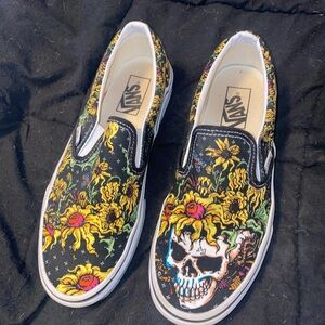Vans Black Slip-On with Sunflower and Skull Art